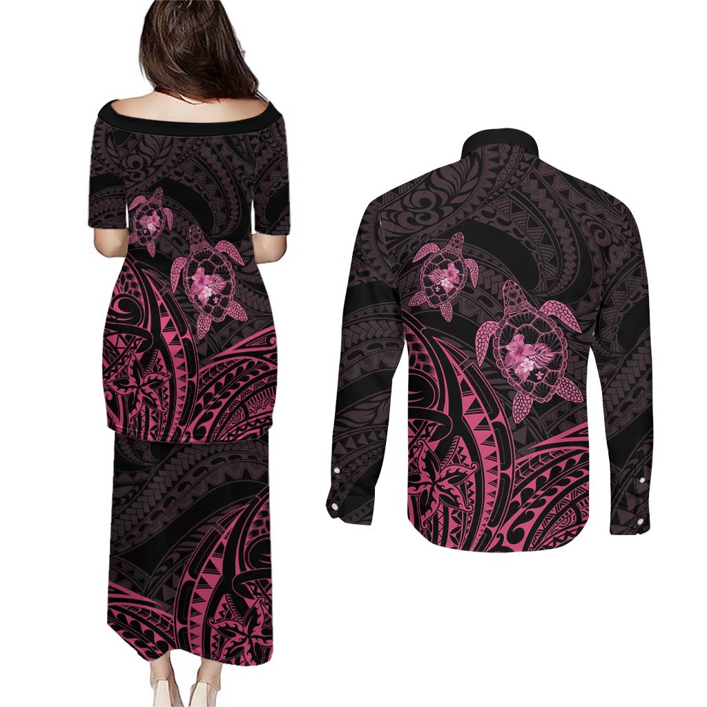 Pink Black Polynesia Floral Sea Turtle Couples Matching Puletasi and Long Sleeve Button Shirt - Polynesian Pride