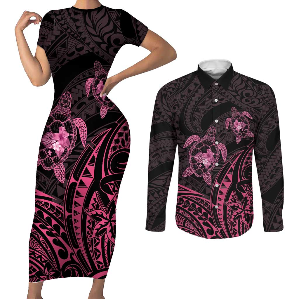 Pink Black Polynesia Floral Sea Turtle Couples Matching Short Sleeve Bodycon Dress and Long Sleeve Button Shirt - Polynesian Pride