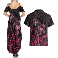 Pink Black Polynesia Floral Sea Turtle Couples Matching Summer Maxi Dress and Hawaiian Shirt - Polynesian Pride