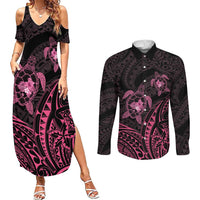 Pink Black Polynesia Floral Sea Turtle Couples Matching Summer Maxi Dress and Long Sleeve Button Shirt - Polynesian Pride