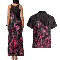 Pink Black Polynesia Floral Sea Turtle Couples Matching Tank Maxi Dress and Hawaiian Shirt - Polynesian Pride