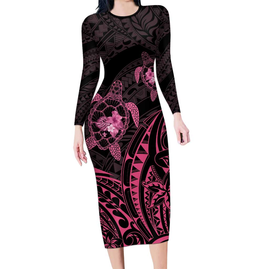 Pink Black Polynesia Floral Sea Turtle Family Matching Long Sleeve Bodycon Dress and Hawaiian Shirt - Polynesian Pride