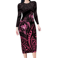 Pink Black Polynesia Floral Sea Turtle Family Matching Long Sleeve Bodycon Dress and Hawaiian Shirt - Polynesian Pride