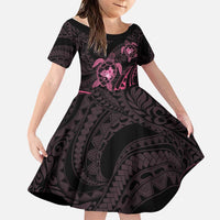 Pink Black Polynesia Floral Sea Turtle Family Matching Off The Shoulder Long Sleeve Dress and Hawaiian Shirt LT14 Daughter's Dress Black - Polynesian Pride