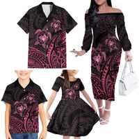 Pink Black Polynesia Floral Sea Turtle Family Matching Off The Shoulder Long Sleeve Dress and Hawaiian Shirt LT14 - Polynesian Pride