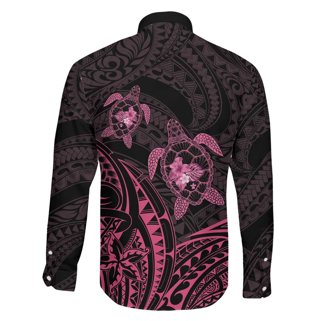 Pink Black Polynesia Floral Sea Turtle Family Matching Off The Shoulder Long Sleeve Dress and Hawaiian Shirt LT14 - Polynesian Pride