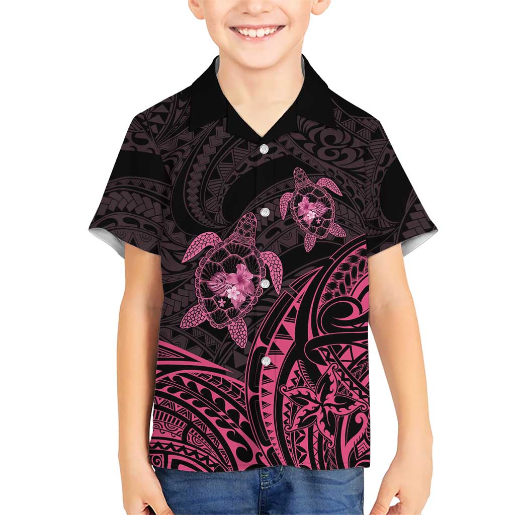 Pink Black Polynesia Floral Sea Turtle Family Matching Off Shoulder Maxi Dress and Hawaiian Shirt - Polynesian Pride