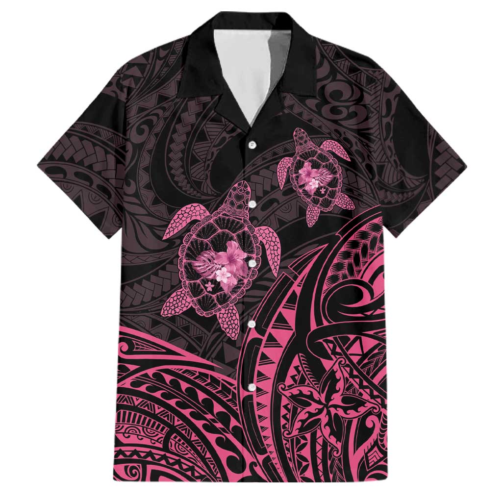 Pink Black Polynesia Floral Sea Turtle Family Matching Off Shoulder Short Dress and Hawaiian Shirt - Polynesian Pride