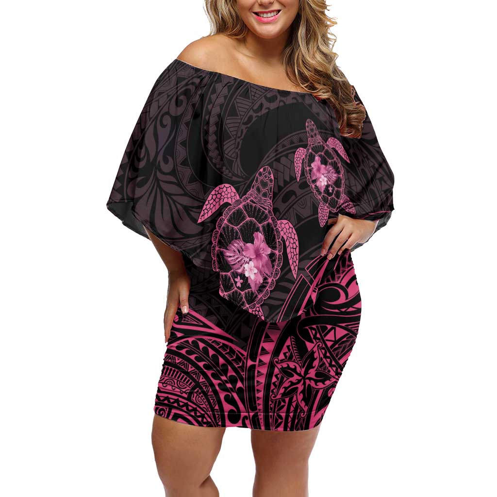 Pink Black Polynesia Floral Sea Turtle Family Matching Off Shoulder Short Dress and Hawaiian Shirt - Polynesian Pride