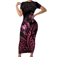 Pink Black Polynesia Floral Sea Turtle Family Matching Short Sleeve Bodycon Dress and Hawaiian Shirt - Polynesian Pride