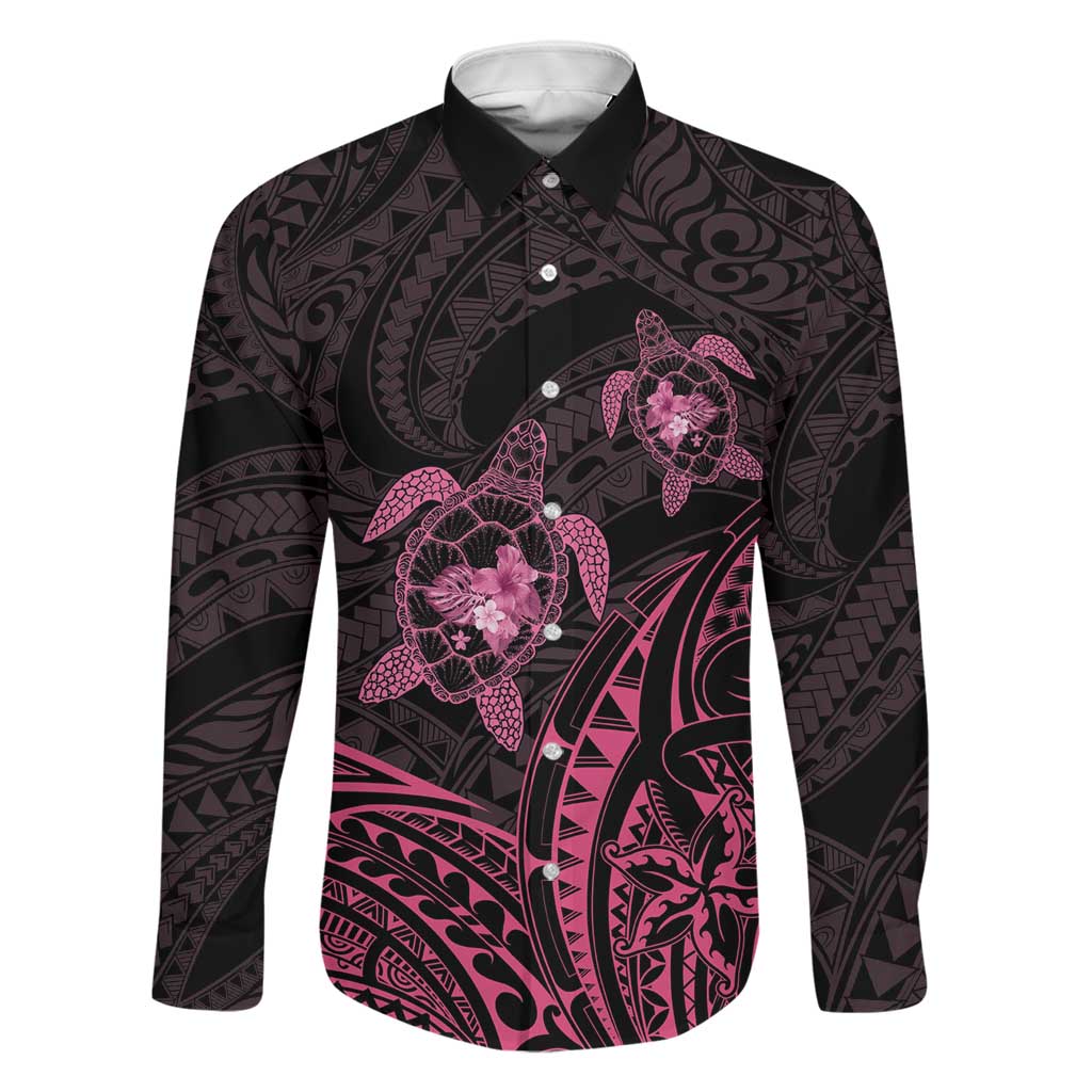 Pink Black Polynesia Floral Sea Turtle Family Matching Summer Maxi Dress and Hawaiian Shirt - Polynesian Pride