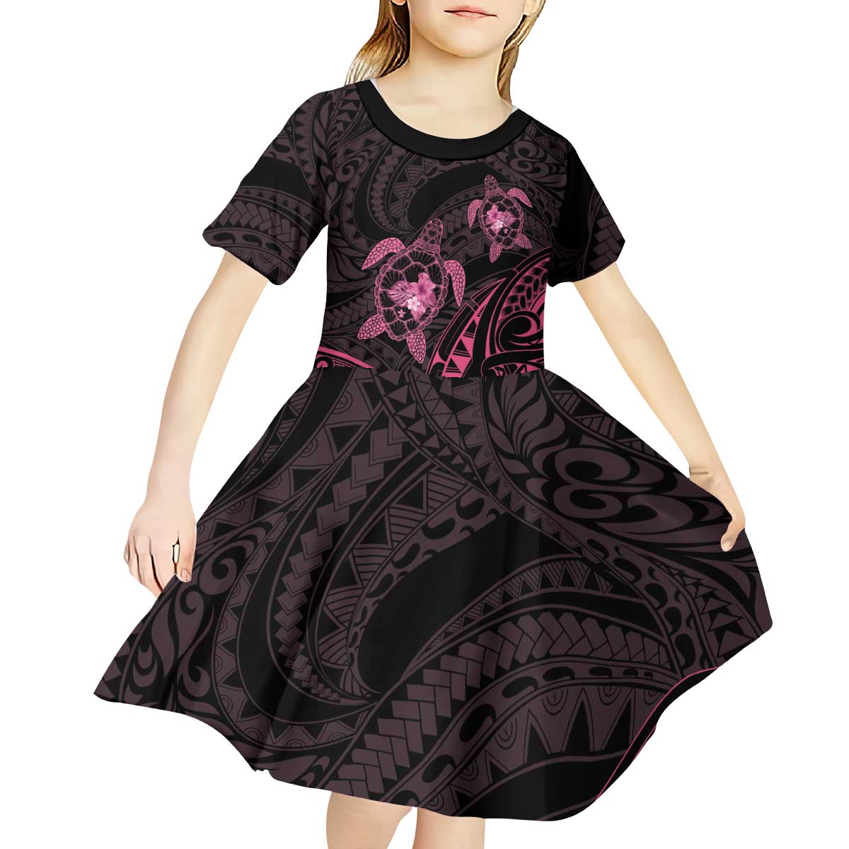 Pink Black Polynesia Floral Sea Turtle Kid Short Sleeve Dress - Polynesian Pride