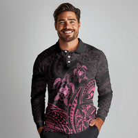 Pink Black Polynesia Floral Sea Turtle Long Sleeve Polo Shirt - Polynesian Pride