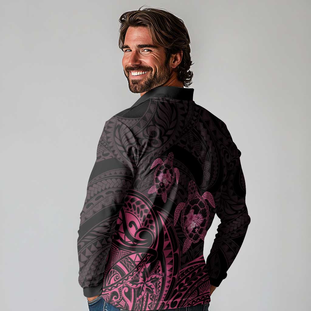 Pink Black Polynesia Floral Sea Turtle Long Sleeve Polo Shirt - Polynesian Pride