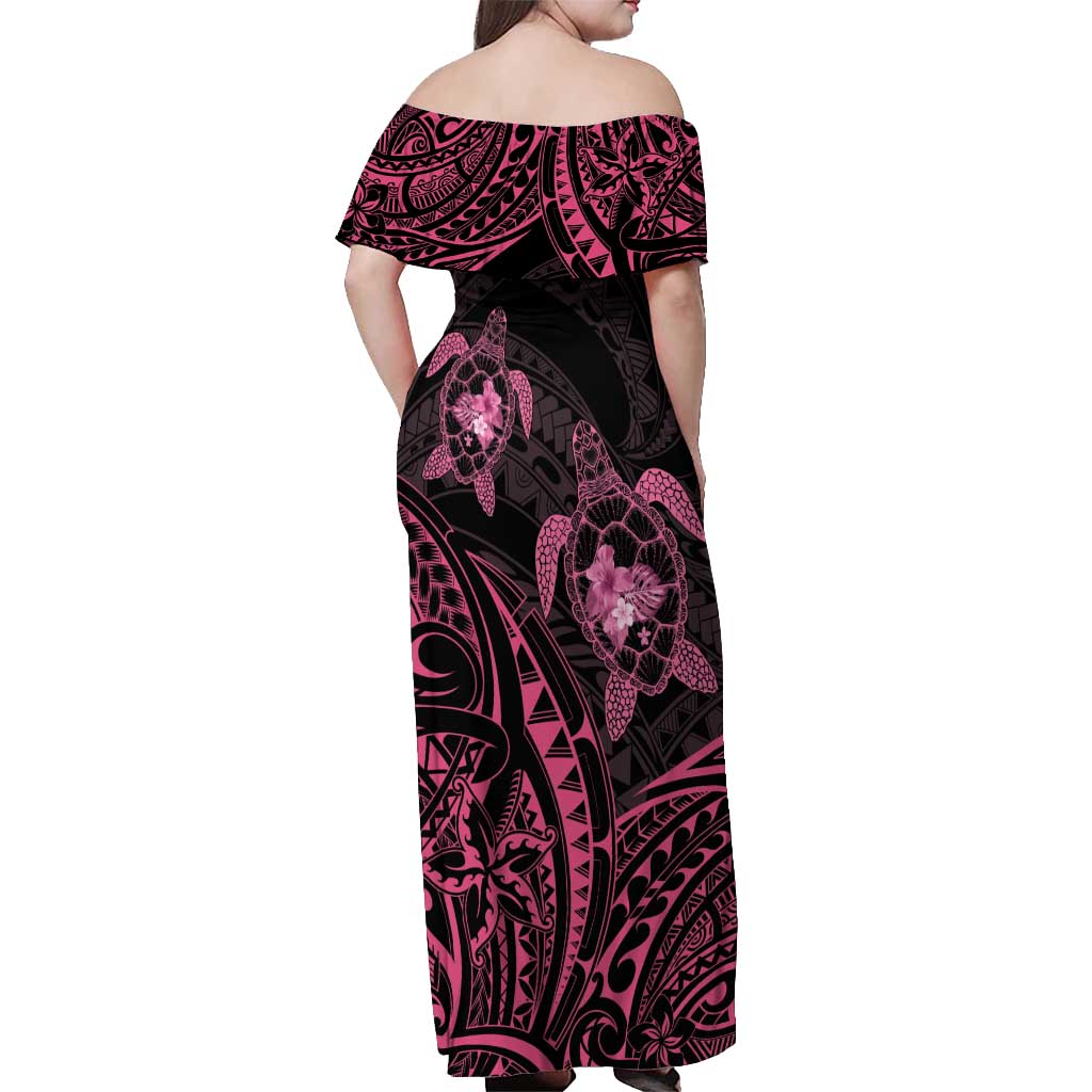 Pink Black Polynesia Floral Sea Turtle Off Shoulder Maxi Dress - Polynesian Pride