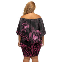 Pink Black Polynesia Floral Sea Turtle Off Shoulder Short Dress - Polynesian Pride