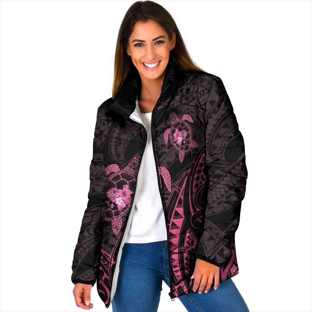 Pink Black Polynesia Floral Sea Turtle Padded Jacket LT14 Women Black - Polynesian Pride