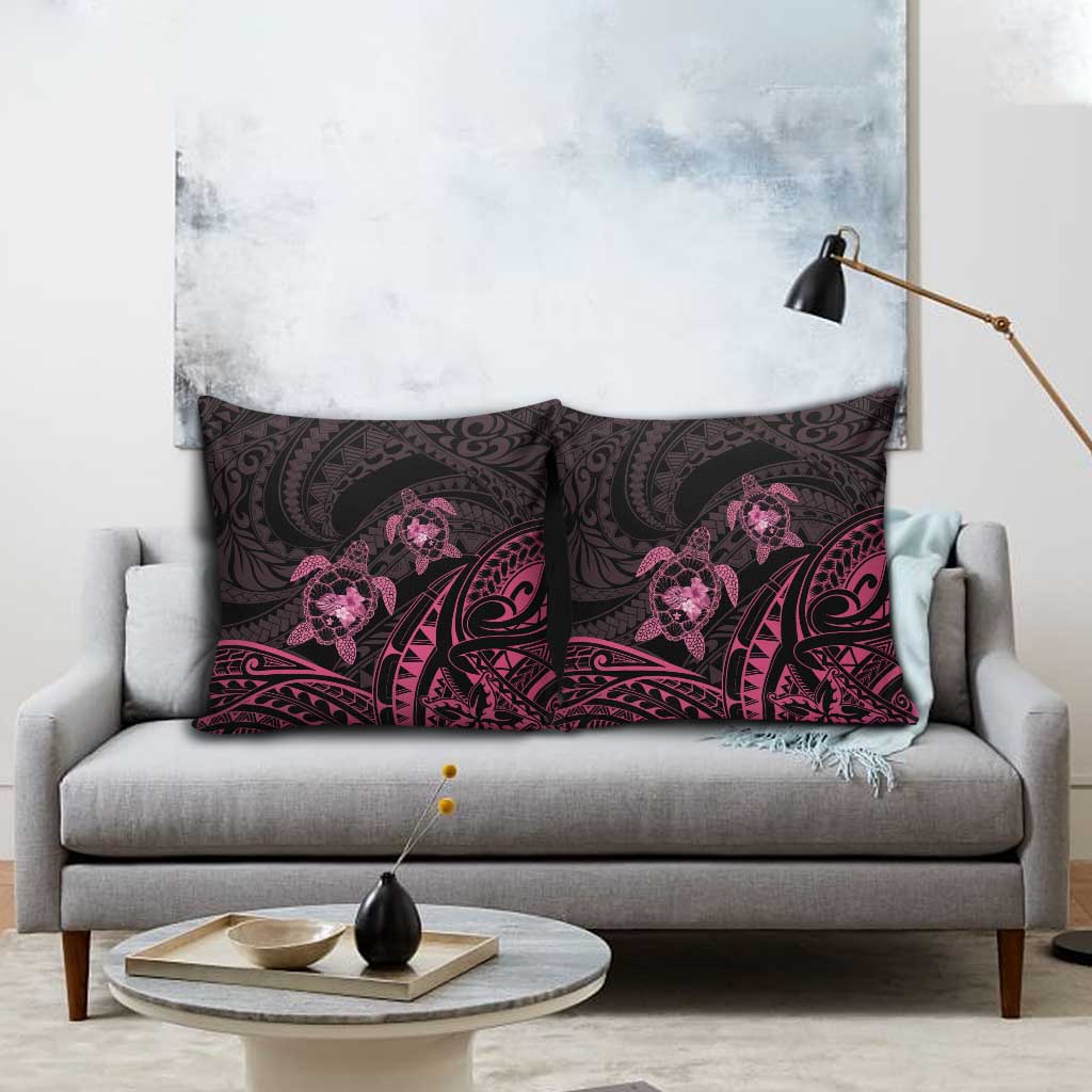 Pink Black Polynesia Floral Sea Turtle Pillow Cover - Polynesian Pride
