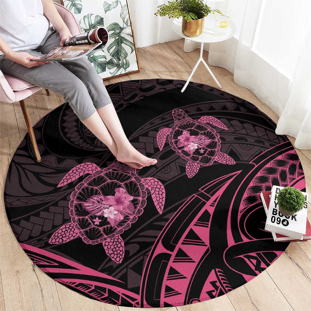 Pink Black Polynesia Floral Sea Turtle Round Carpet - Polynesian Pride