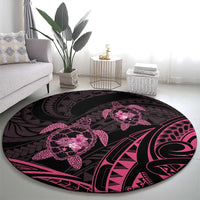Pink Black Polynesia Floral Sea Turtle Round Carpet - Polynesian Pride