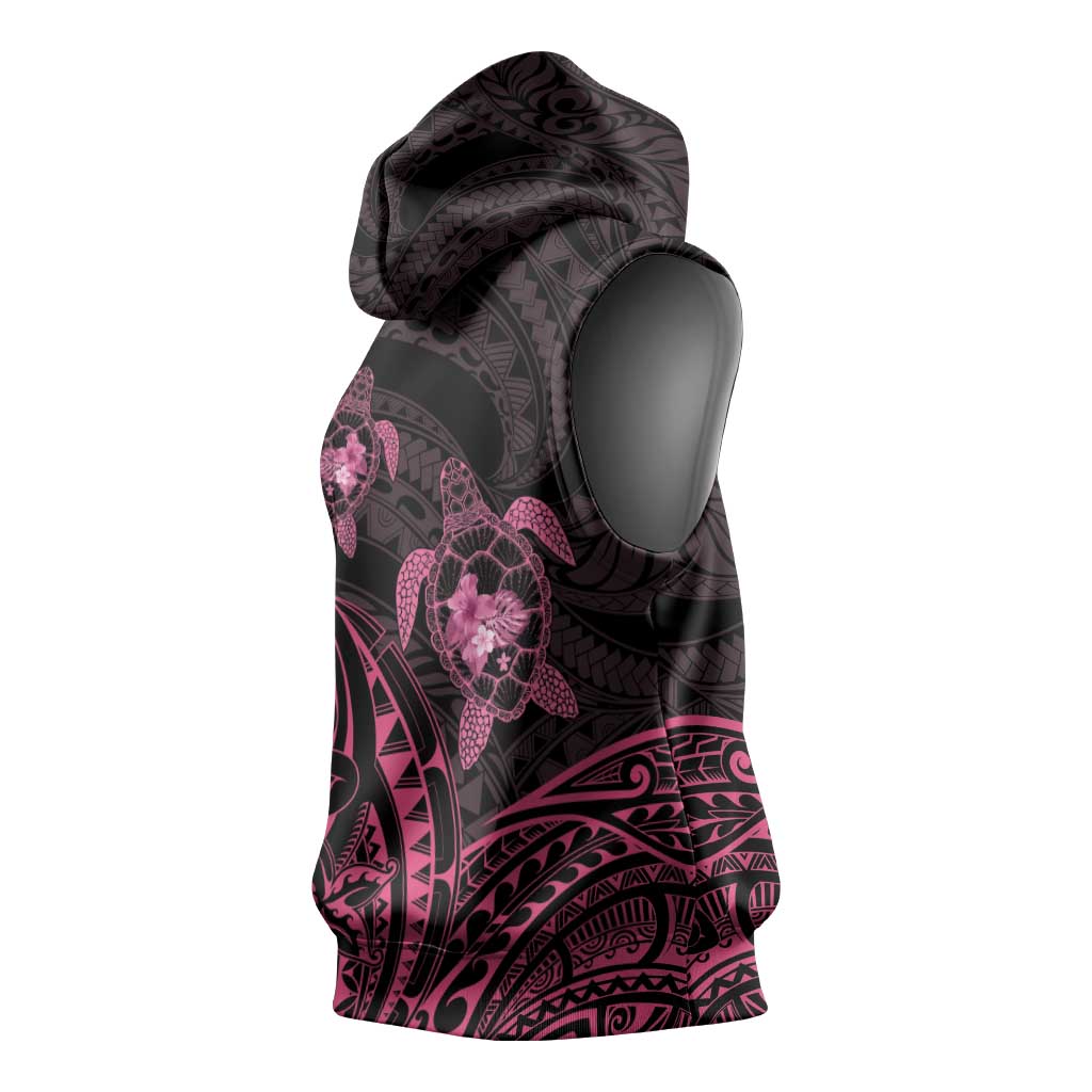 Pink Black Polynesia Floral Sea Turtle Sleeveless Hoodie - Polynesian Pride