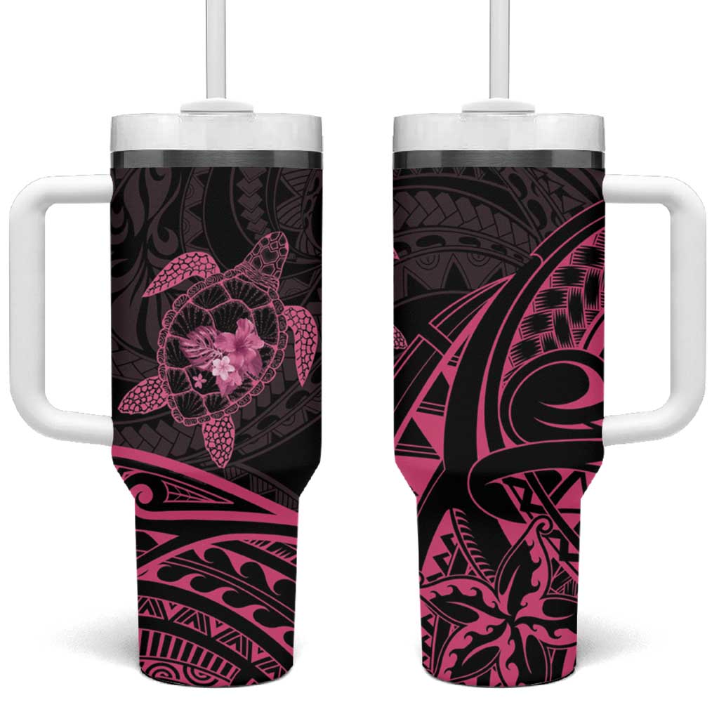 Pink Black Polynesia Floral Sea Turtle Tumbler With Handle - Polynesian Pride