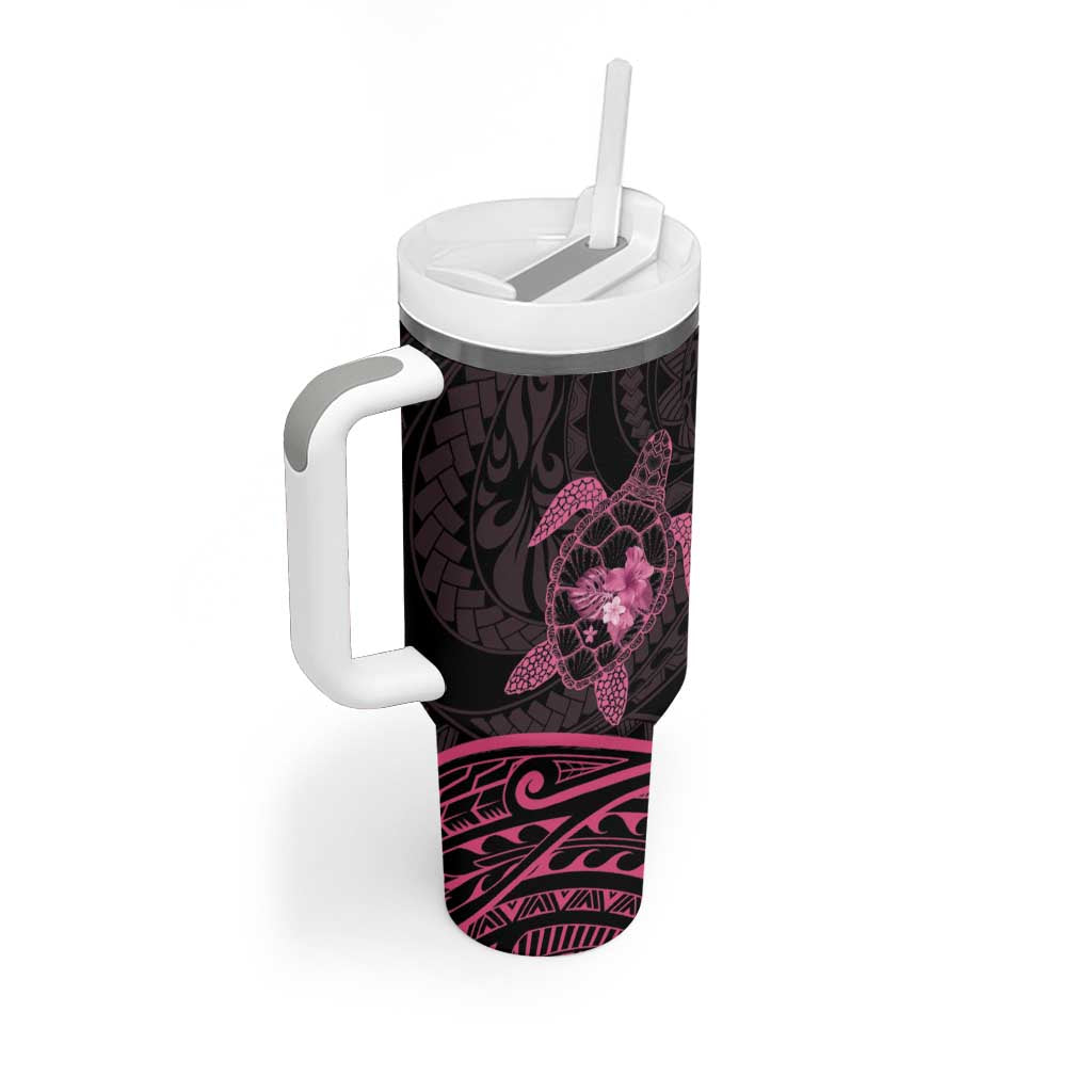 Pink Black Polynesia Floral Sea Turtle Tumbler With Handle - Polynesian Pride