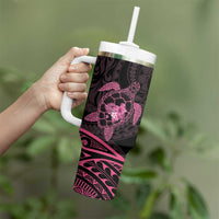Pink Black Polynesia Floral Sea Turtle Tumbler With Handle - Polynesian Pride