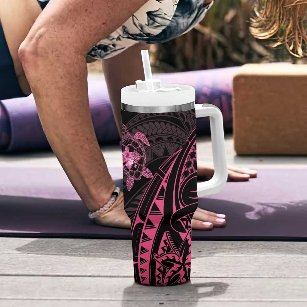 Pink Black Polynesia Floral Sea Turtle Tumbler With Handle - Polynesian Pride
