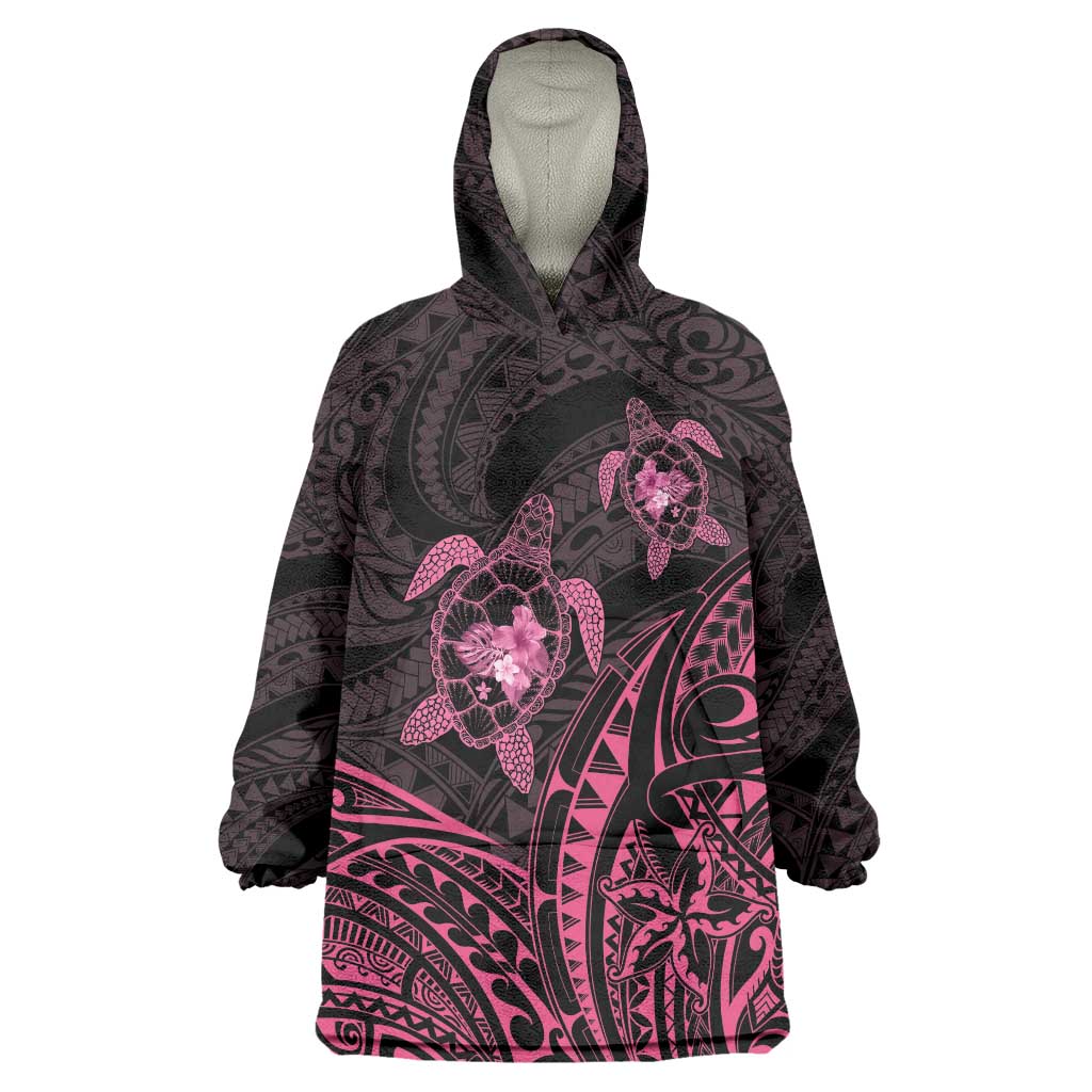 Pink Black Polynesia Floral Sea Turtle Wearable Blanket Hoodie LT14 One Size Black - Polynesian Pride