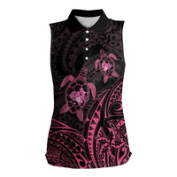 Pink Black Polynesia Floral Sea Turtle Women Sleeveless Polo Shirt - Polynesian Pride