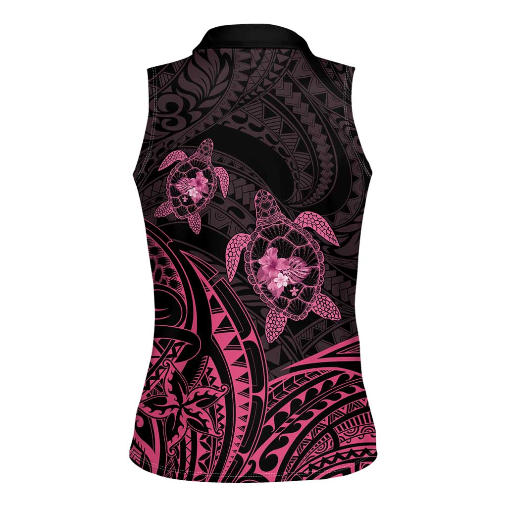 Pink Black Polynesia Floral Sea Turtle Women Sleeveless Polo Shirt - Polynesian Pride