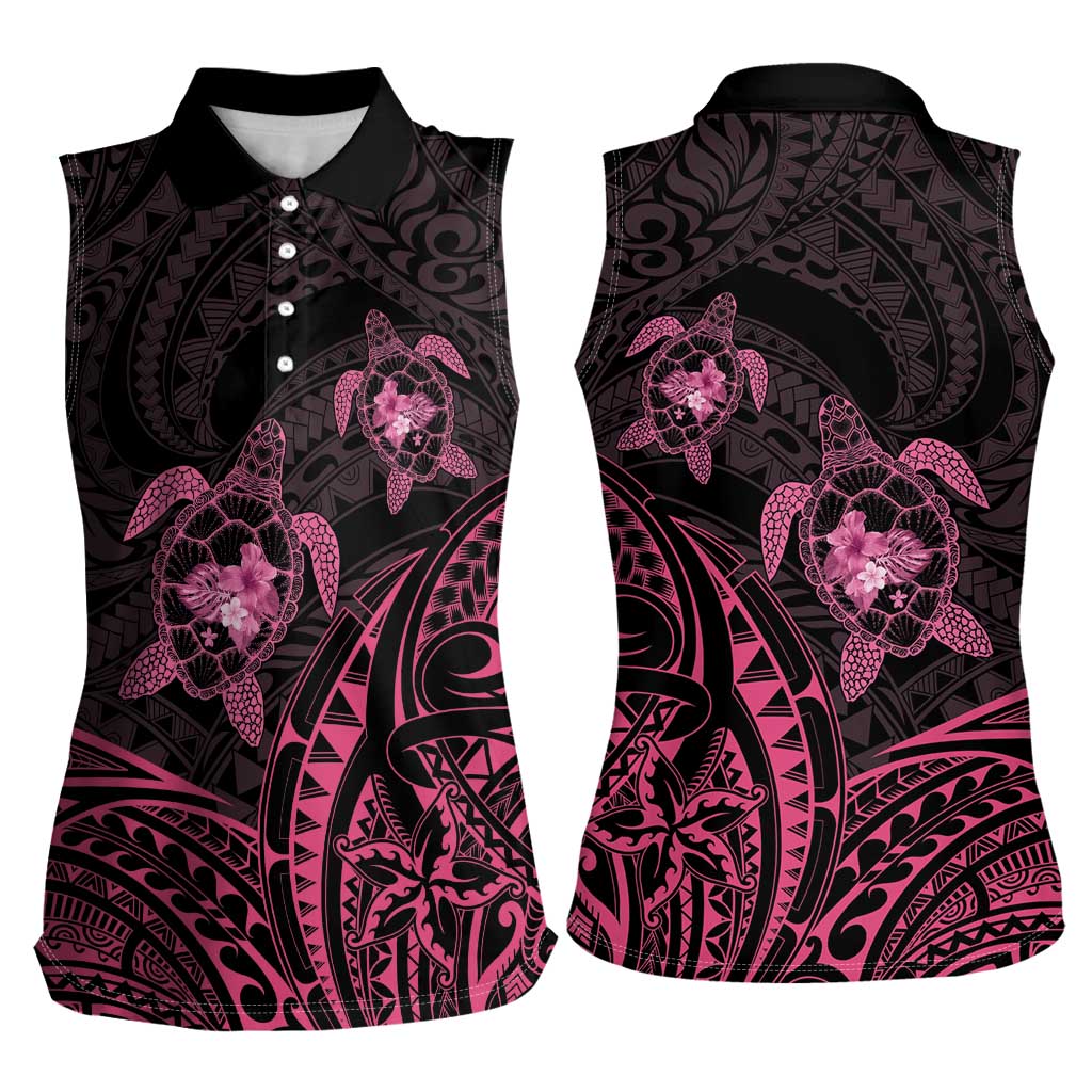 Pink Black Polynesia Floral Sea Turtle Women Sleeveless Polo Shirt - Polynesian Pride