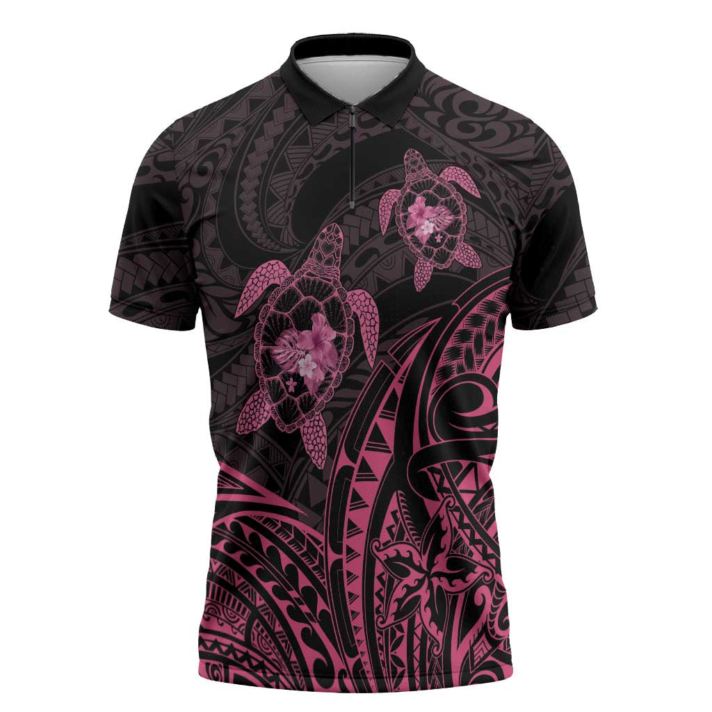 Pink Black Polynesia Floral Sea Turtle Zipper Polo Shirt - Polynesian Pride