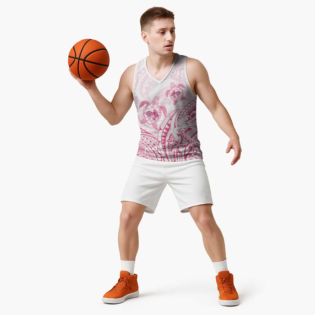 Pink White Polynesia Floral Sea Turtle Basketball Jersey - Polynesian Pride