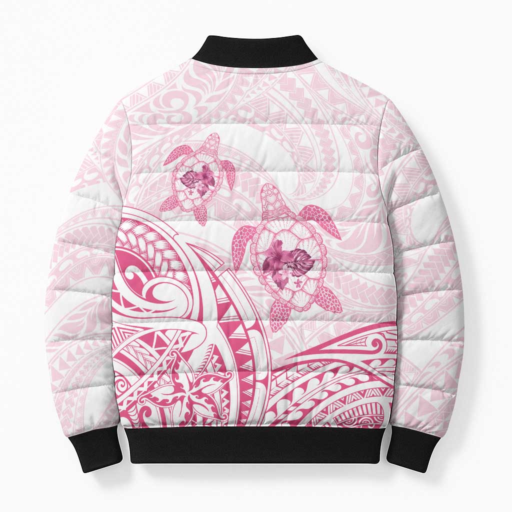 Pink White Polynesia Floral Sea Turtle Bomber Puffer Jacket - Polynesian Pride