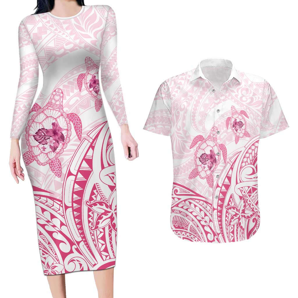 Pink White Polynesia Floral Sea Turtle Couples Matching Long Sleeve Bodycon Dress and Hawaiian Shirt - Polynesian Pride