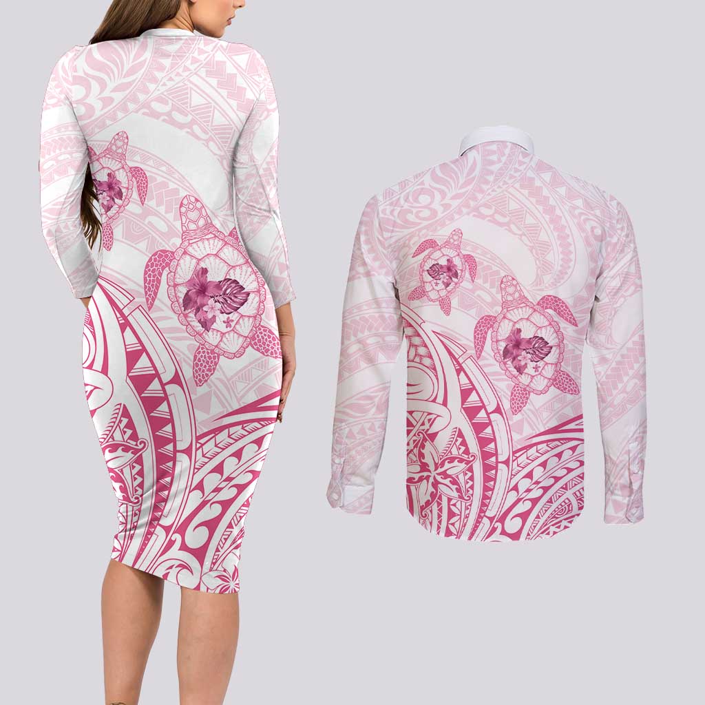 Pink White Polynesia Floral Sea Turtle Couples Matching Long Sleeve Bodycon Dress and Long Sleeve Button Shirt - Polynesian Pride