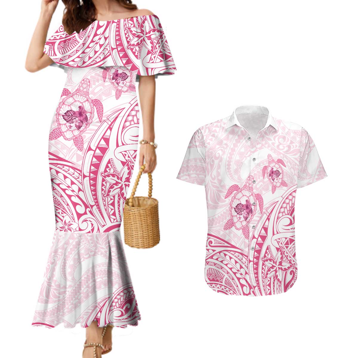 Pink White Polynesia Floral Sea Turtle Couples Matching Mermaid Dress and Hawaiian Shirt - Polynesian Pride