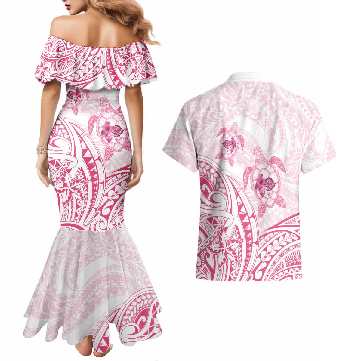 Pink White Polynesia Floral Sea Turtle Couples Matching Mermaid Dress and Hawaiian Shirt - Polynesian Pride