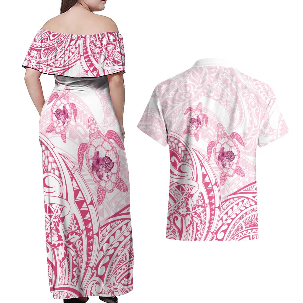 Pink White Polynesia Floral Sea Turtle Couples Matching Off Shoulder Maxi Dress and Hawaiian Shirt - Polynesian Pride
