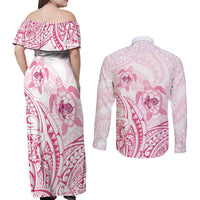 Pink White Polynesia Floral Sea Turtle Couples Matching Off Shoulder Maxi Dress and Long Sleeve Button Shirt - Polynesian Pride