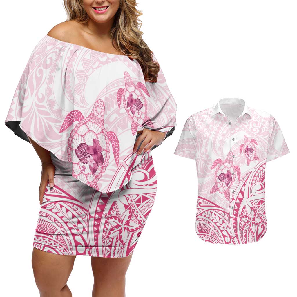 Pink White Polynesia Floral Sea Turtle Couples Matching Off Shoulder Short Dress and Hawaiian Shirt - Polynesian Pride