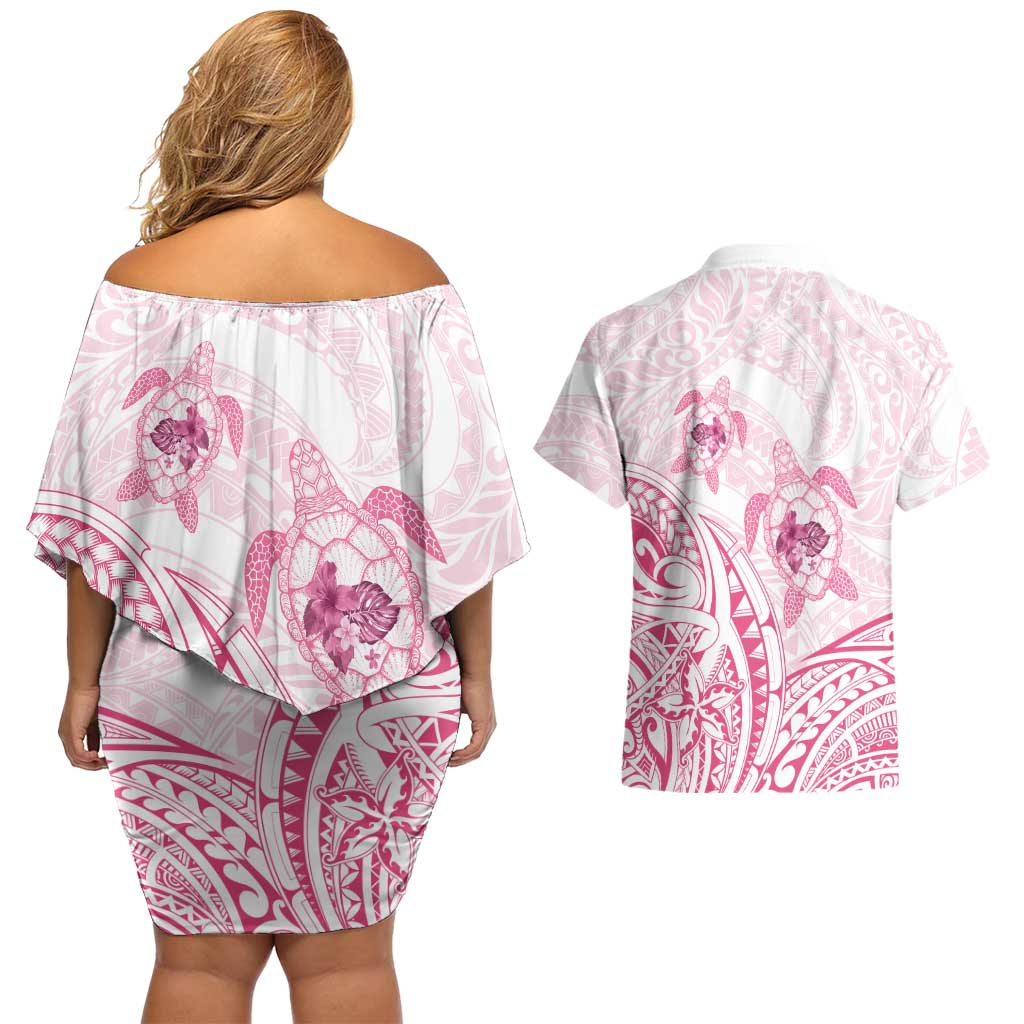 Pink White Polynesia Floral Sea Turtle Couples Matching Off Shoulder Short Dress and Hawaiian Shirt - Polynesian Pride