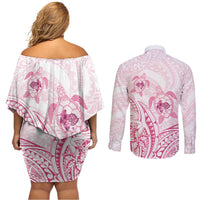 Pink White Polynesia Floral Sea Turtle Couples Matching Off Shoulder Short Dress and Long Sleeve Button Shirt - Polynesian Pride