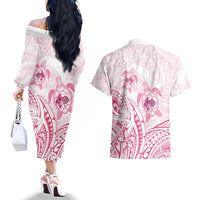 Pink White Polynesia Floral Sea Turtle Couples Matching Off The Shoulder Long Sleeve Dress and Hawaiian Shirt - Polynesian Pride