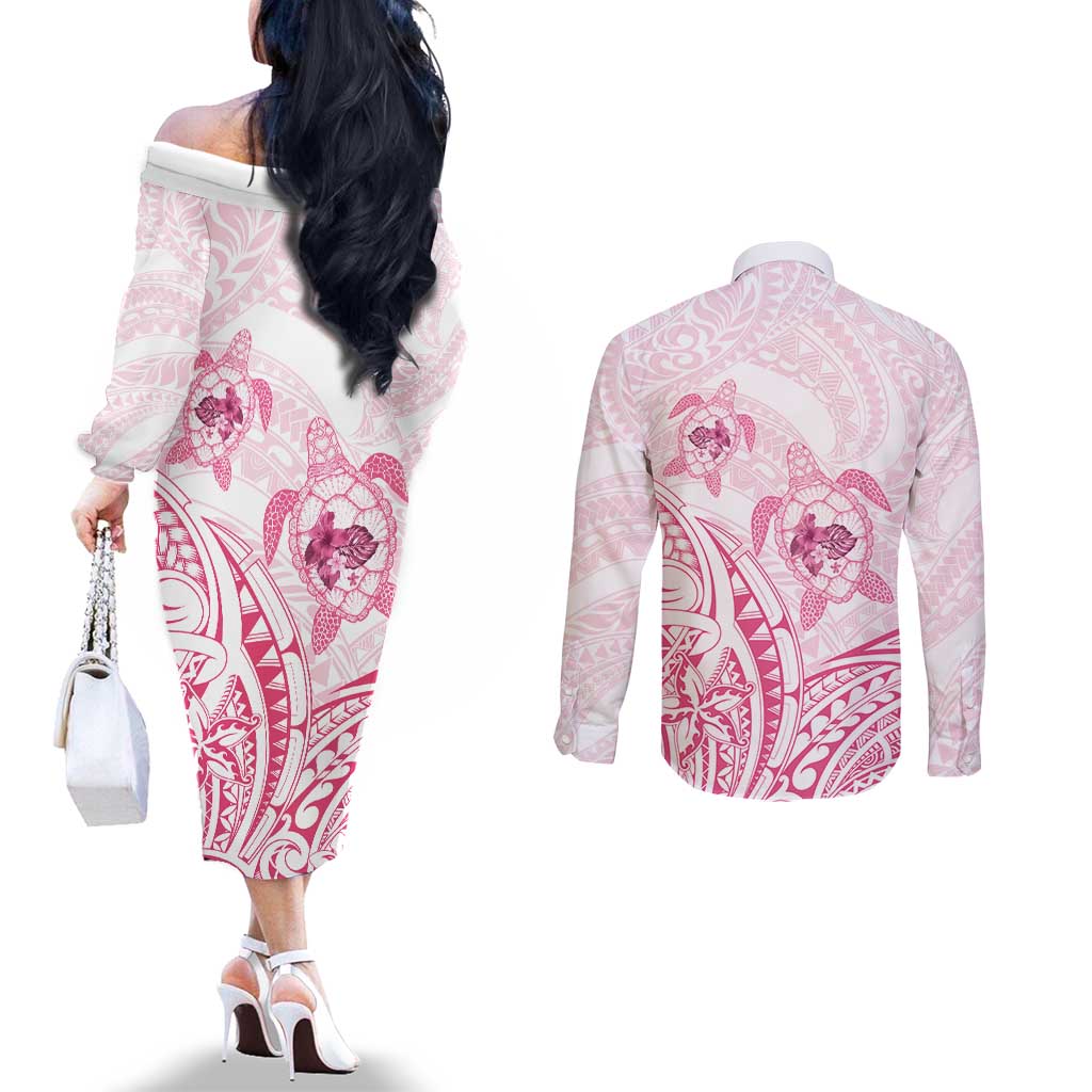 Pink White Polynesia Floral Sea Turtle Couples Matching Off The Shoulder Long Sleeve Dress and Long Sleeve Button Shirt - Polynesian Pride