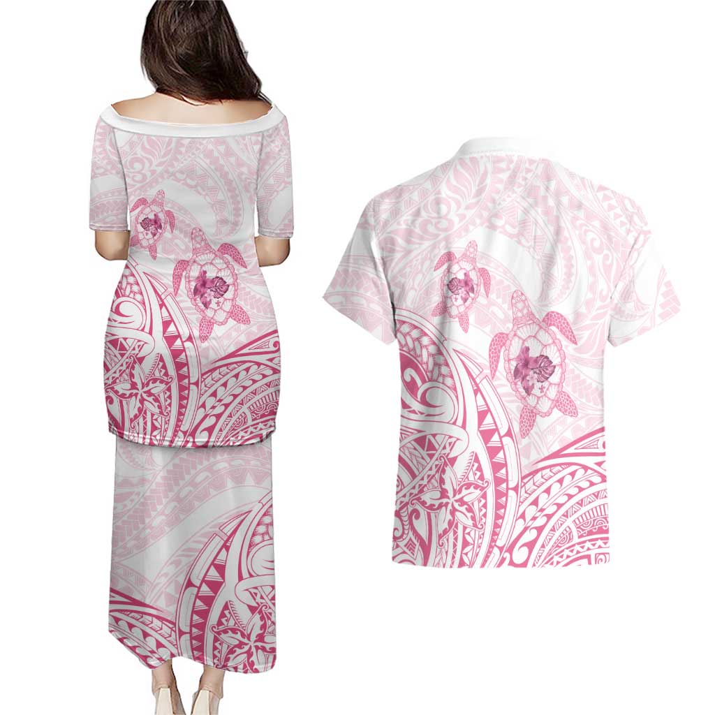 Pink White Polynesia Floral Sea Turtle Couples Matching Puletasi and Hawaiian Shirt - Polynesian Pride