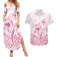 Pink White Polynesia Floral Sea Turtle Couples Matching Summer Maxi Dress and Hawaiian Shirt - Polynesian Pride