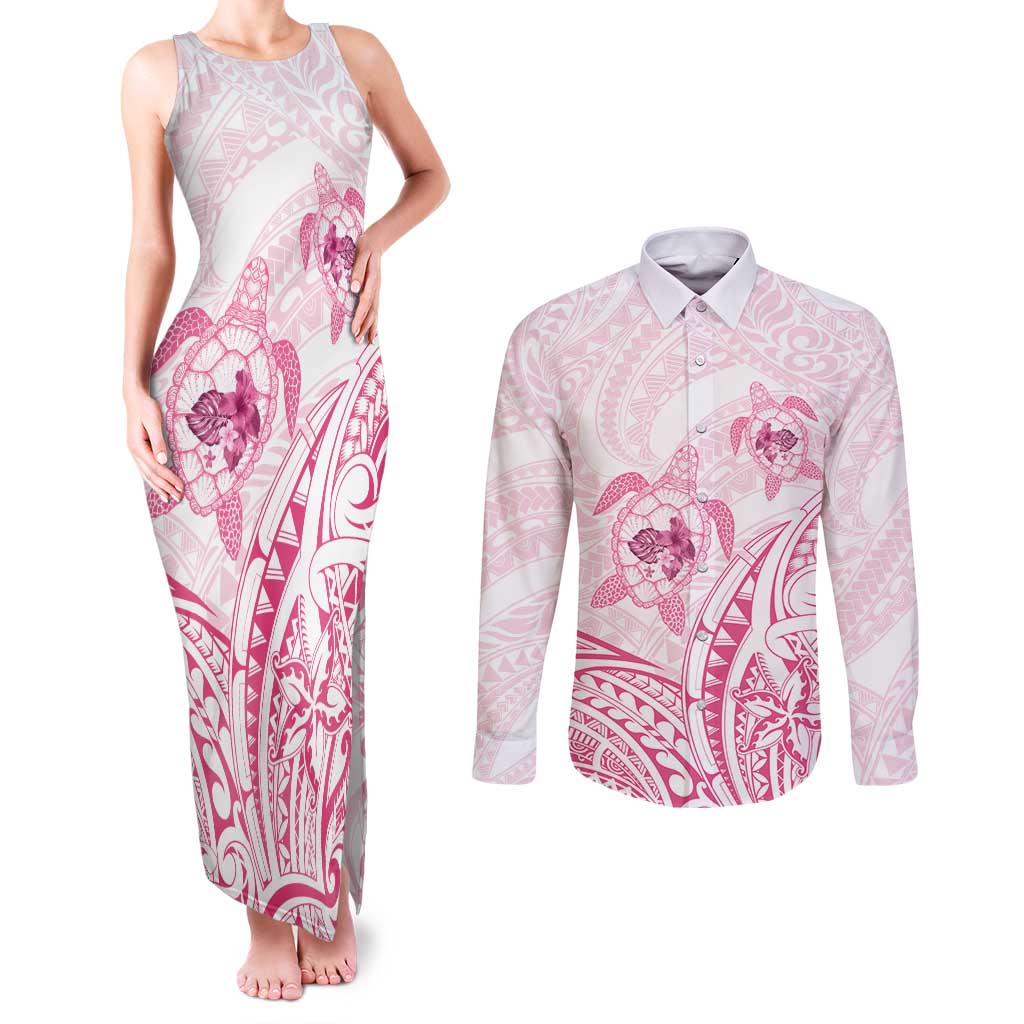Pink White Polynesia Floral Sea Turtle Couples Matching Tank Maxi Dress and Long Sleeve Button Shirt LT14 White - Polynesian Pride